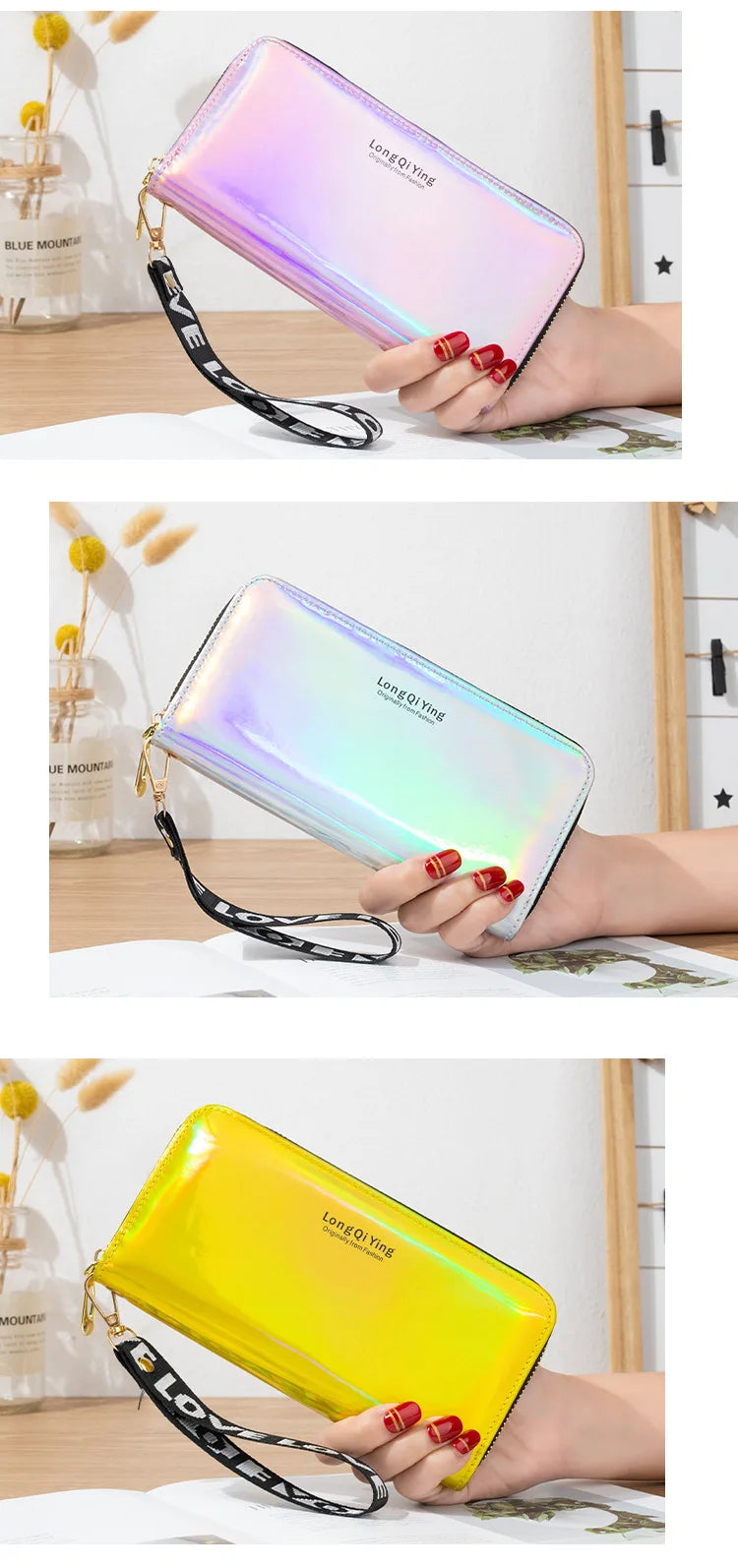 Women's Long Wallet Laser Holographic Wallet Women Long Pu Purse Fashion Female Clutch Large Capacity Zipper Purses Phone Purse