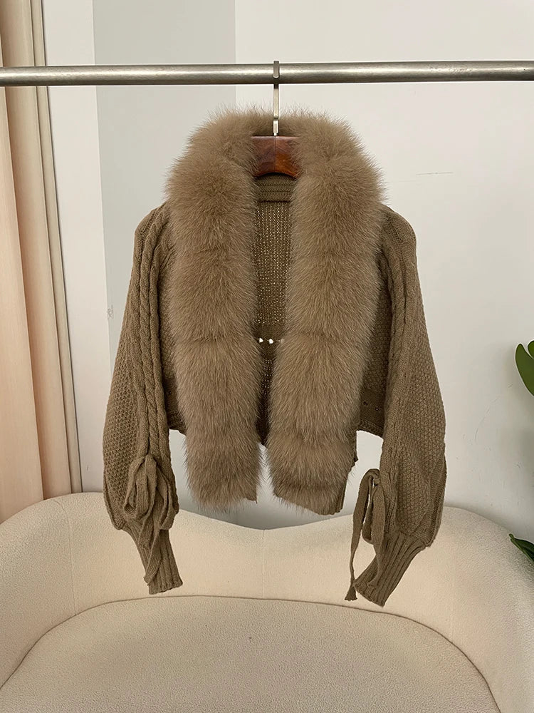 New Knitting Cardigan 2024 Winter Women Knitted Jacket with Natural Fur Placket Coat Casual Real Fox Fur New Fashion Short Warm