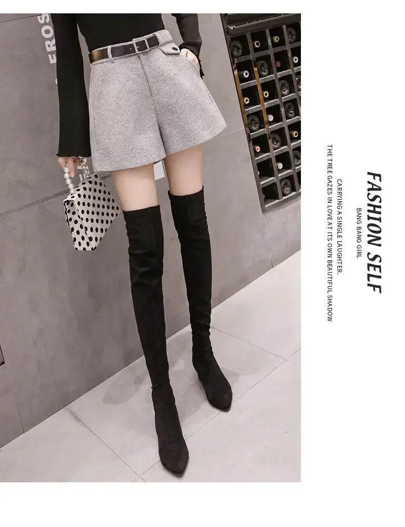 2024 New Women's Woolen Shorts A-line Loose High-Waisted Casual Thick Boots Pants for Autumn Winter Comfortable Bootcut Black