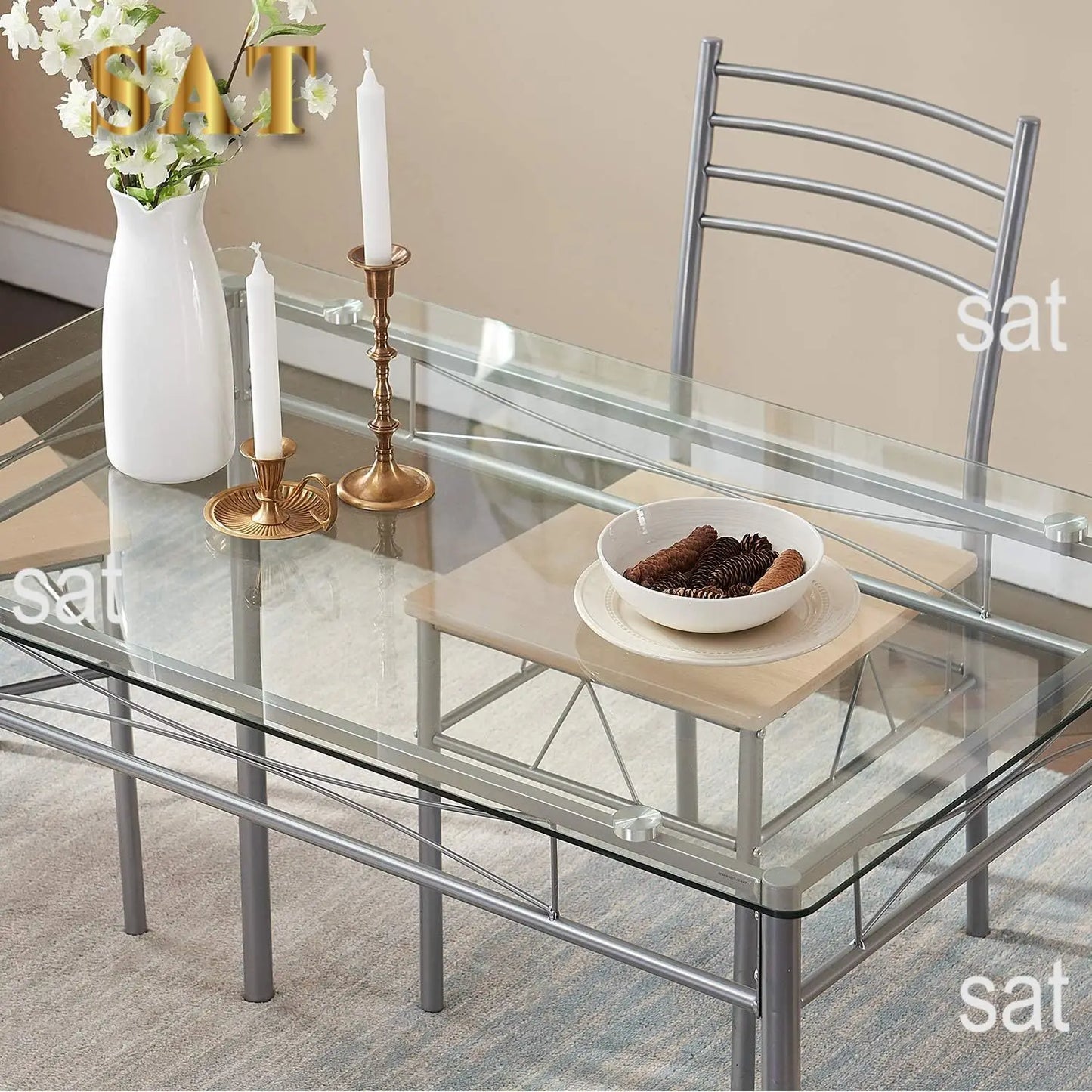 Kitchen Dining Room Sturdy Stable Table and Chairs 4, 5-Piece Dinette Sets, Space Saving (Silver), 43.3",Easy Assembly