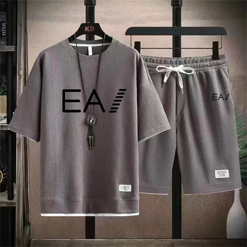 Men's summer new round necked short sleeved and shorts two-piece set with the letters EA1 printed, fashionable and casual set