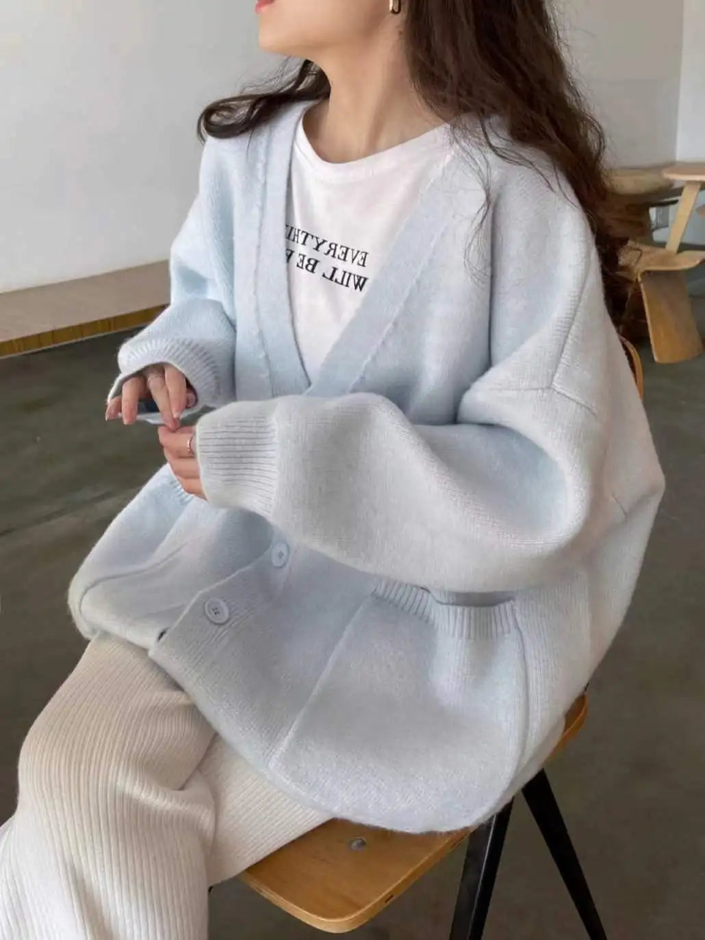 2023 Autumn Winter Women Cardigan Sweater Blue Knitted Tops Buttoned Up Elegant V-neck Knitted Sweater Cardigan