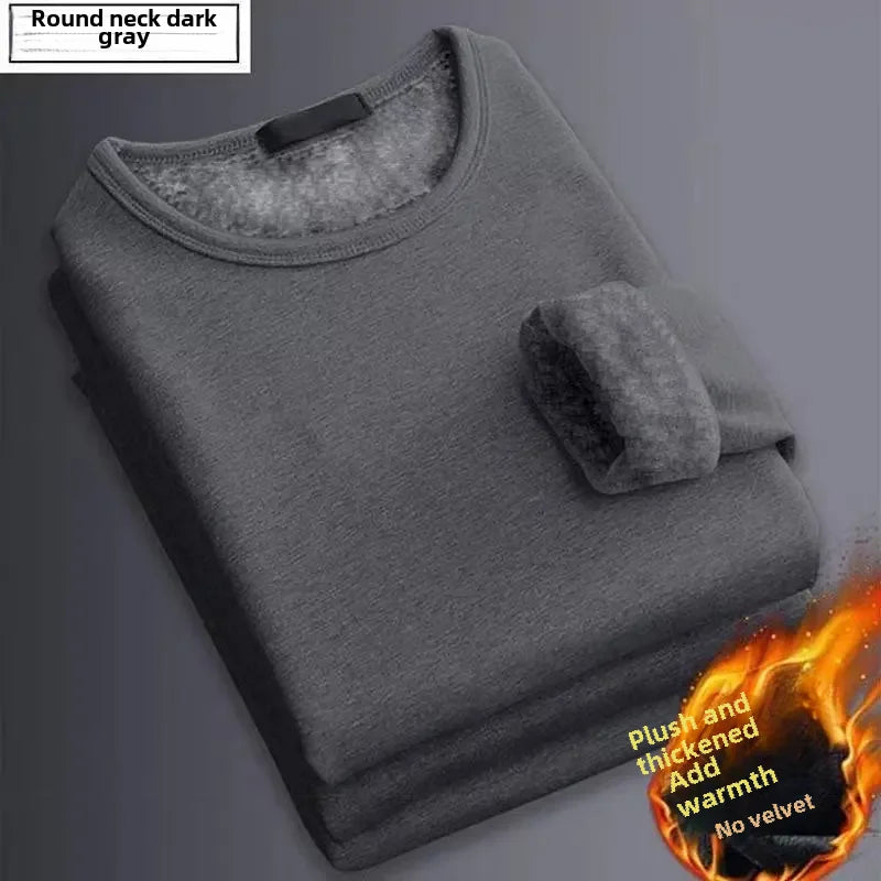 Men's Long Sleeve T-shirt Warm Fleece-lined Thickened Round Neck Slimming Base Layer Top Solid Color Inner Layer Autumn Sweater