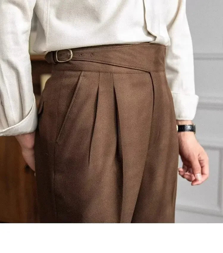 Spring Autumn White Men's Trousers Business Casual Cropped Pants Paris Button Trendy Italian Style