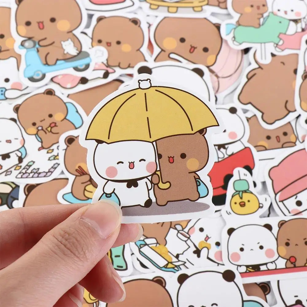 50sheets/set Bear Cute Bear and Panda Stickers Waterproof Panda Cartoon Bear and Panda Stickers Cartoon PVC Bubu Dudu Stickers