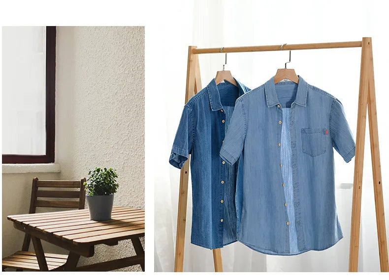 Men Denim Shirt , Thin Summer Half Sleeve Casual Top, Loose Trendy Handsome Short Sleeve ，Camping Denim Short Sleeve Jacket