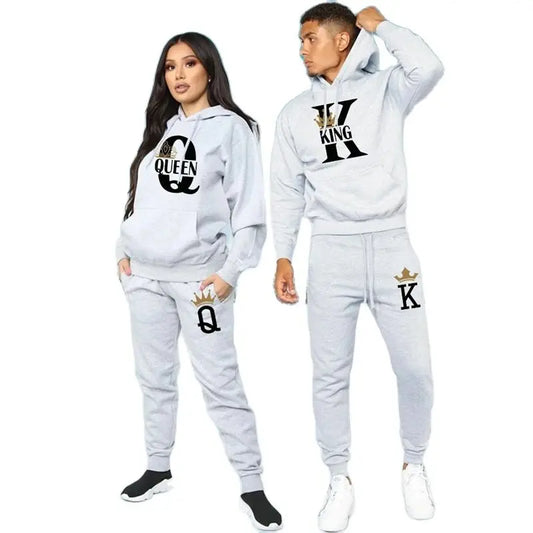 Ensemble de pull pour homme et femme, nouvelle collection automne et hiver 2024, ensemble de couple à capuche ample et décontracté imprimé KING QUEEN