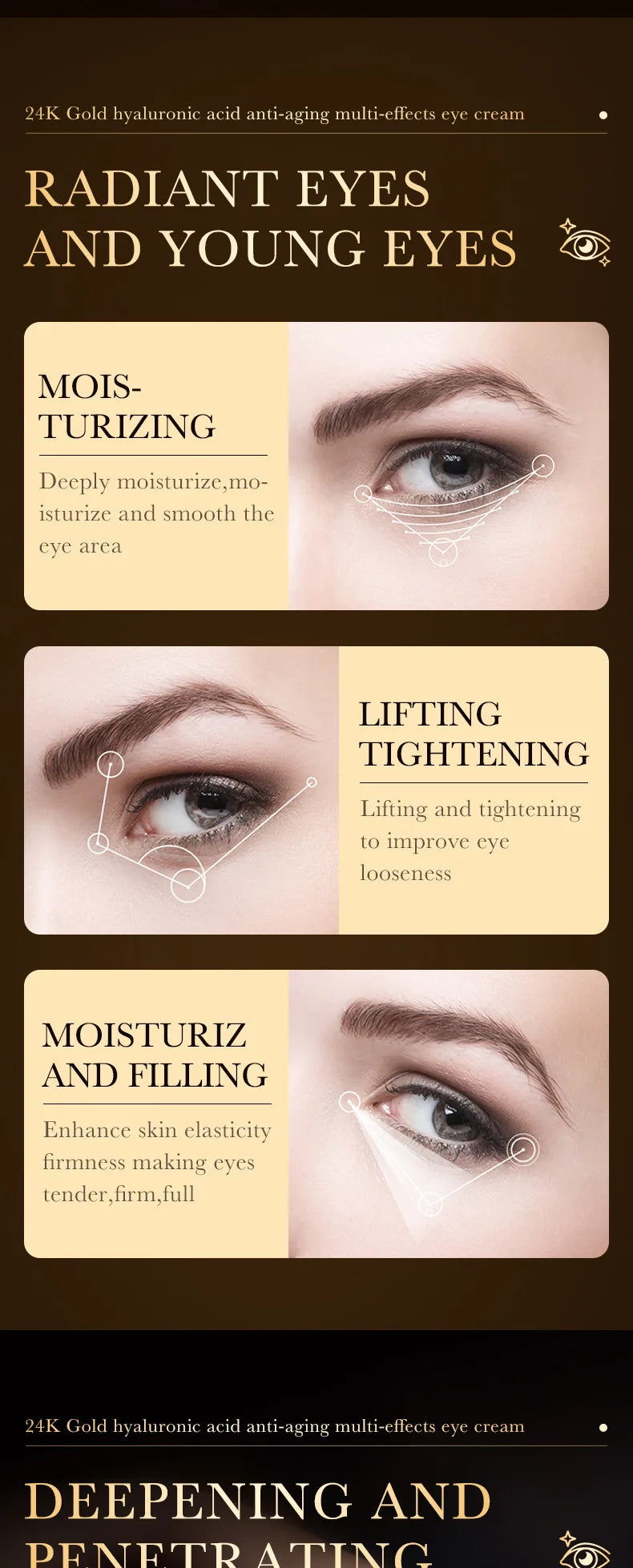 Crème pour les yeux à l'acide hyaluronique 24 carats, anti-cernes, anti-poches, raffermissante, hydratante, produits de soins de la peau pour les yeux