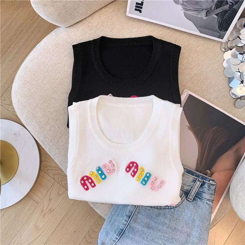 Summer All-match Slim-fitting Hot Girl Thin Sexy Sleeveless Pure Seductive Rhinestone-embellished Letter Knitted Camisole Top