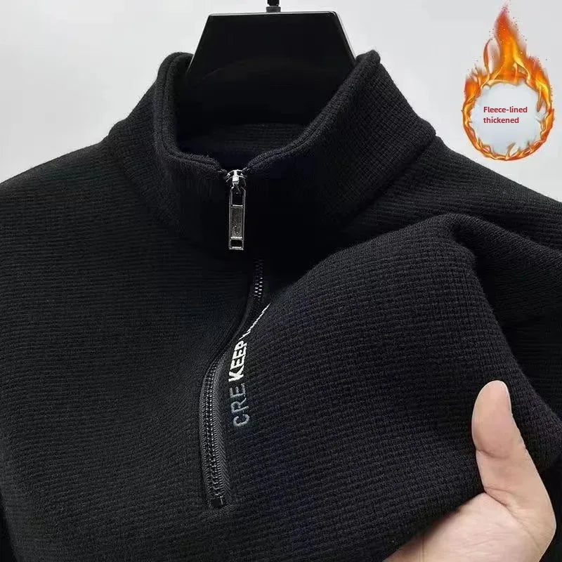 New Men's Fleece-lined Thickened Sweatshirt Half-zip Up Winter Warm Casual Long Sleeve Stand Collar Base Layer Top