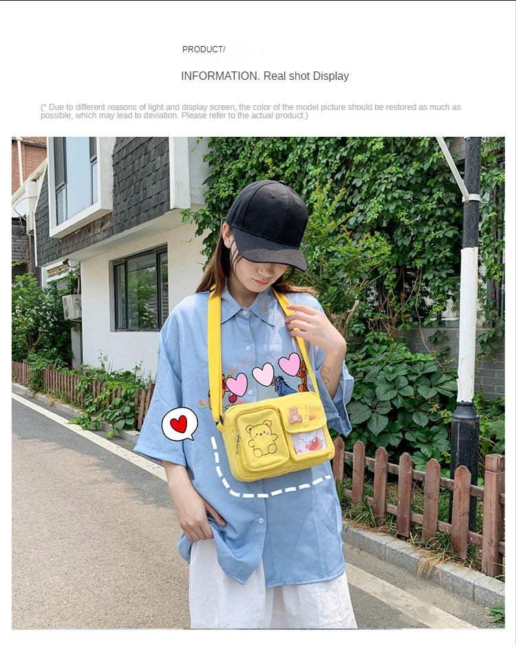 Canvas Small Bag Japanese ins Women Shoulder Bag Cute Funny Personality Embroidery Bear Girl Student Transparent Messenger Bag