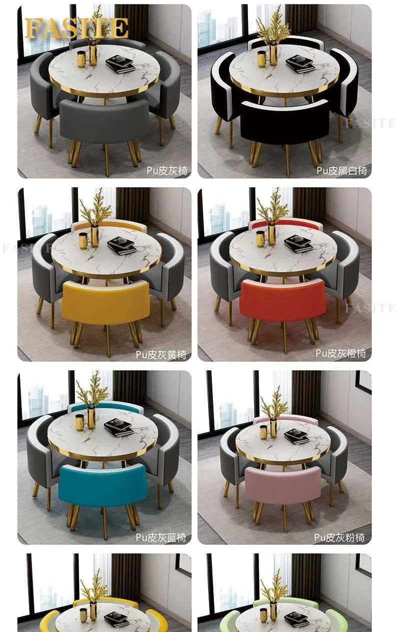 Marble Round 80cm Dining Tables Set 4 Chairs Modern Center Wood Table Luxury White Apartment Furniture