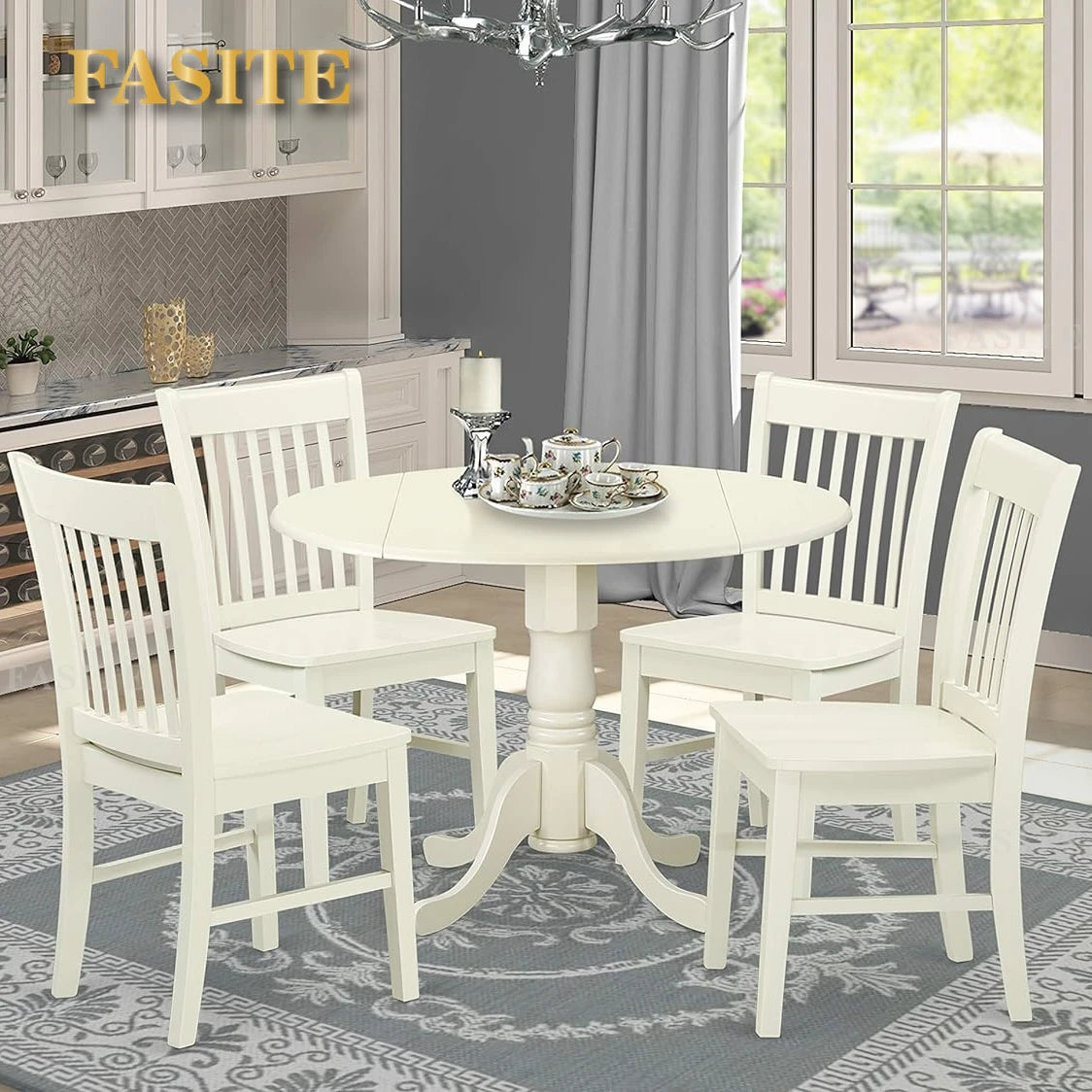 5 piece Traditional Height Pedestal Dining Room Set, White Dinings Tables set Kitchen Chair