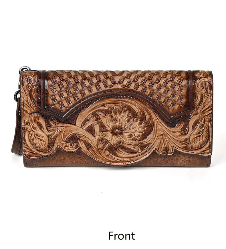 Floral Genuine Leather Wallet Women Handmade Real First Layer Cow Leather Clutch Bag Large Female Card Holder Purse