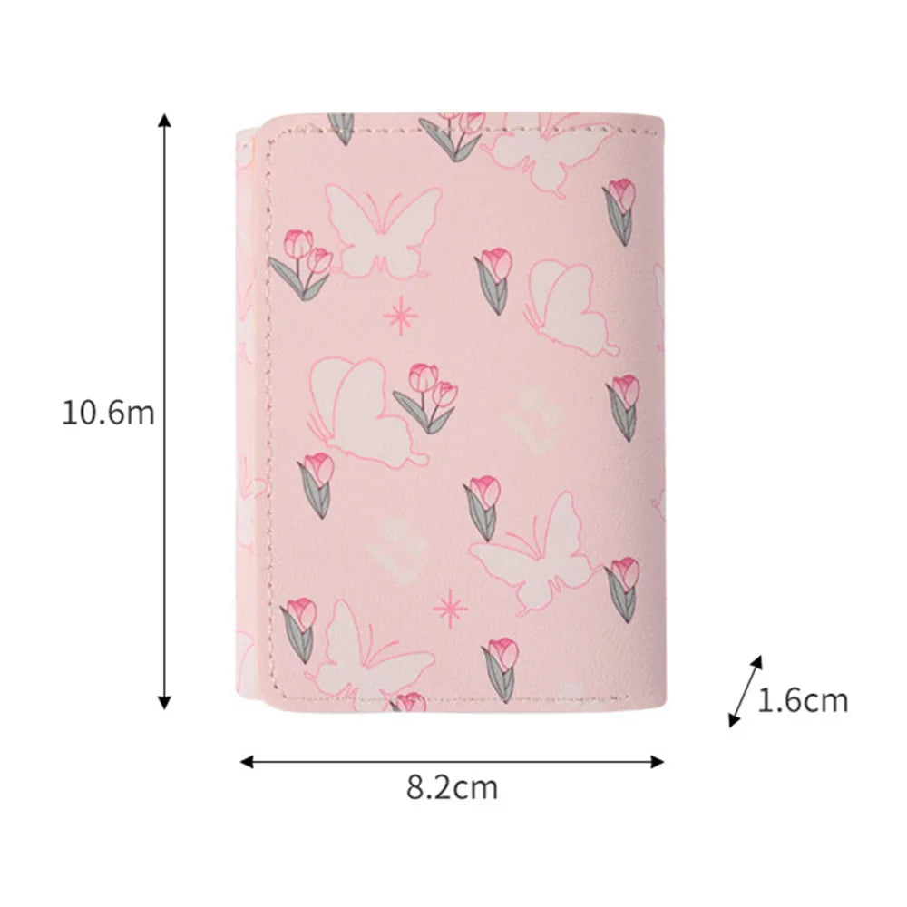 Cute Flower Bow Wallet Women Sweet Pink Three Fold Purse Card Holder for Girl Portable Travel Cash Coin Pouch Photo Card Bag