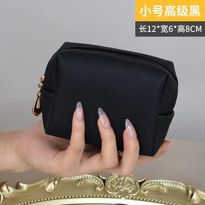 Women Cosmetic Bag Waterproof PU Leather Solid Color Small Makeup Pouch Travel Wash Toiletry Storage Bag Organizer Purse 2023