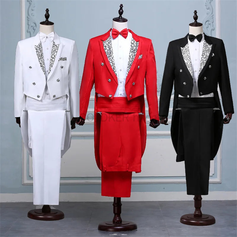 Costume de smoking pour homme, vintage, formel, coupe ajustée, revers en pointe, pantalon de smoking, queue-de-pie, chanteur, magicien, veste de scène, tenues