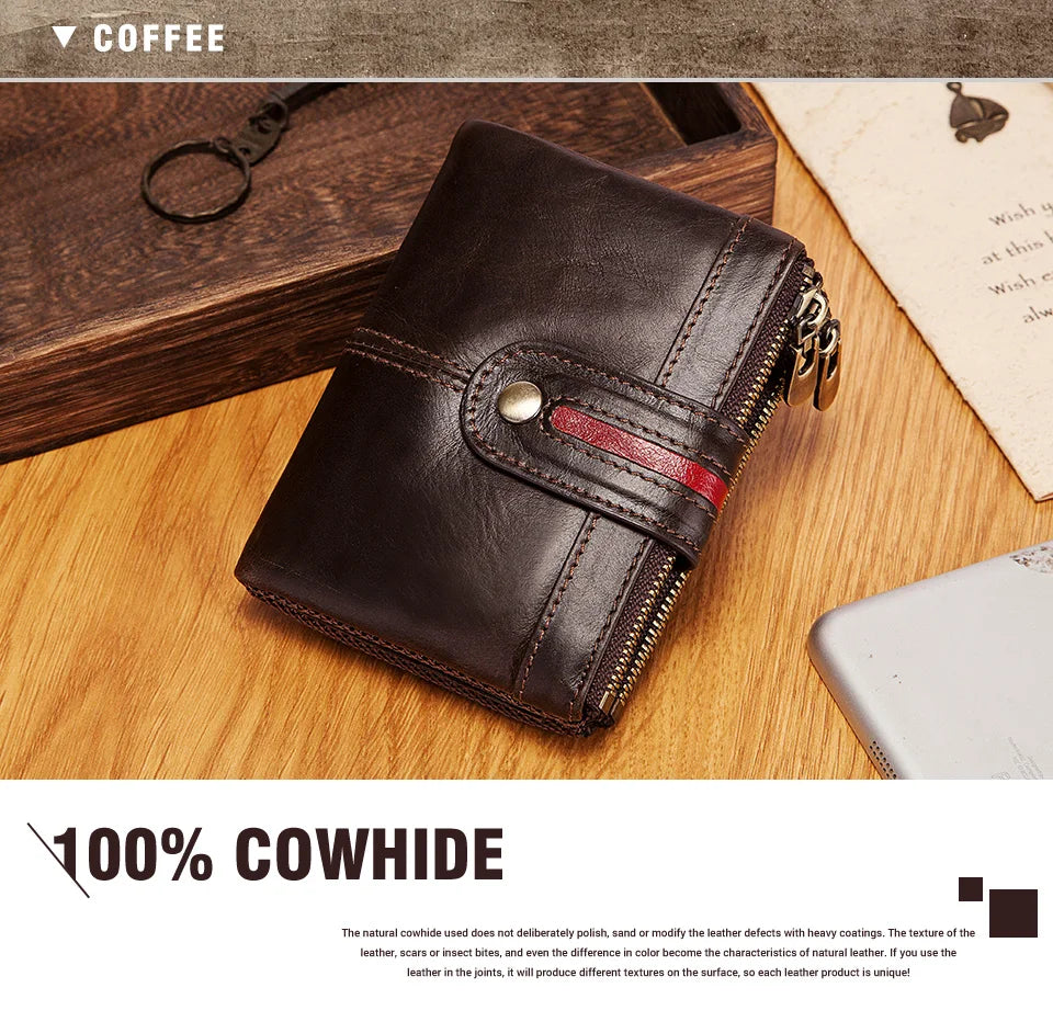 Short Genuine Leather Men's Wallets England Style Clutch Bag Top Quality Mini Purse for Women with Double Zipper Coin Pocket