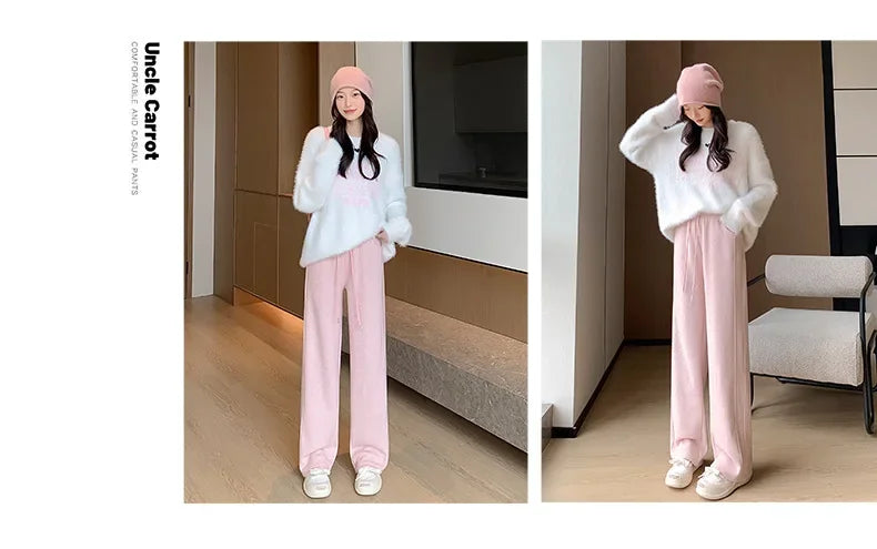 Women's Winter Thickened Fleece-lined Bell Bottoms Casual Straight-leg Pants High-waisted Draped Rice Cake Trousers New Model