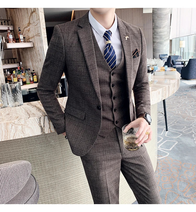 High Quality British Korean Modified Plaid Men (suit + Vest + Trousers) Stylish and Handsome Business Casual Three-piece Suit