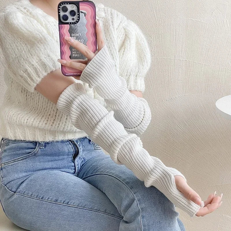 Women Knitted Arm Warmer Long Fingerless Gloves Mitten Winter Y2K Solid Arm Sleeve Fashion Casual Soft Girls Clothes Punk Gloves