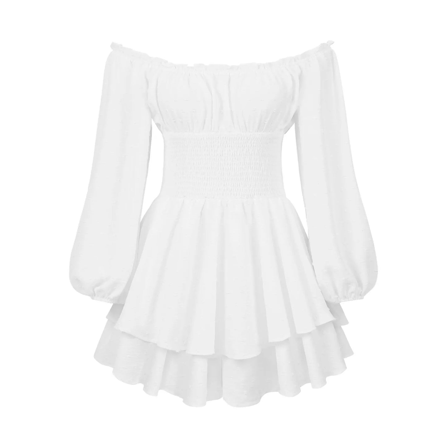 Ladies Ruffled Layered Chiffon Culottes Long Sleeve Crew Neck Off Shoulder Swing Mini Flowy Cotton Romper Dress Solid White 2024