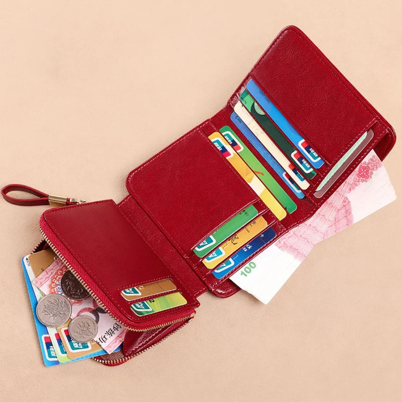 Genuine Leather Women Short Wallet Tri Fold RFID Blocking ID Card Holder Zipper Coin Purse Large Capacity Small Female Purses