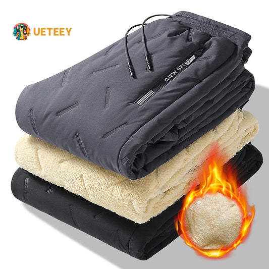 UETEEY Winter Fleece Pants Men Lambswool Thicken Warm Waterproof Trousers Male Casual Casual Thermal Man Joggers Sweatpants 2024