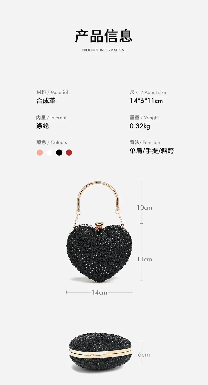 Luxury Diamond Inlay Heart Shape Crystal Clutch Purse Stones Evening Wedding Party Shoulder Bag Handle Rhinestone Mini Handbags