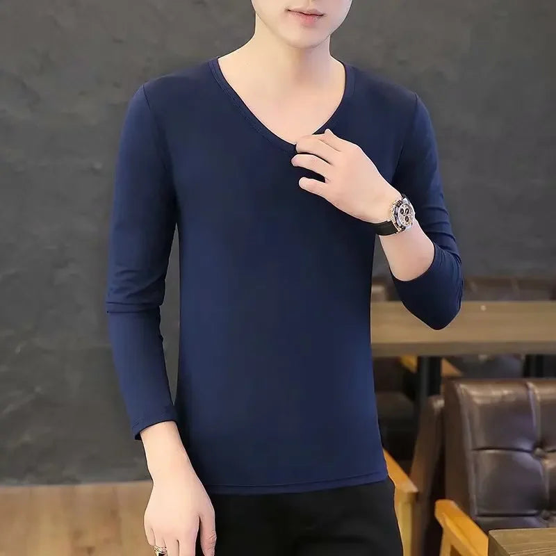 Men's Long Sleeve Black V-neck Base Layer T-shirt Solid Color Autumn Innerwear Thin Style Comfortable Men's Top