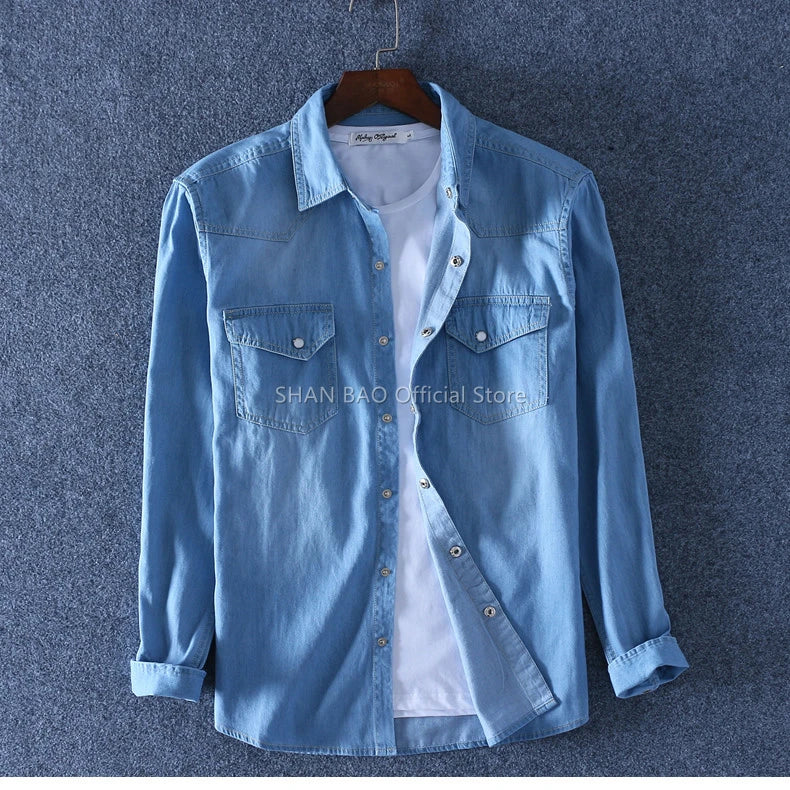 SHAN BAO classic brand double pocket button 100% cotton denim shirt 2022 spring high quality men's slim long-sleeved shirt