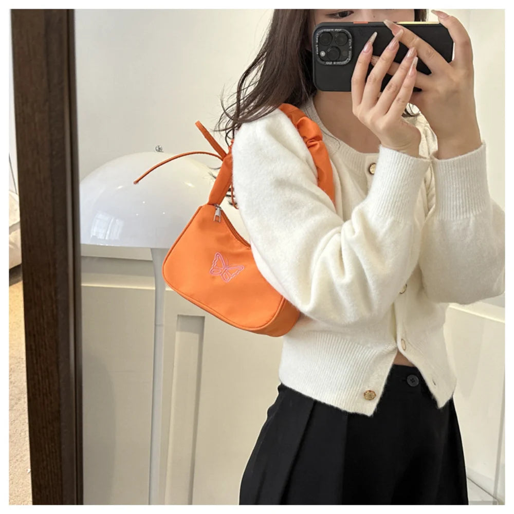 Embroidery Bowknot Butterfly Shoulder Bag Y2k-Style Ruffle Handle Nylon Bow Tote Bag Makeup Lipstick Bag Handbag New