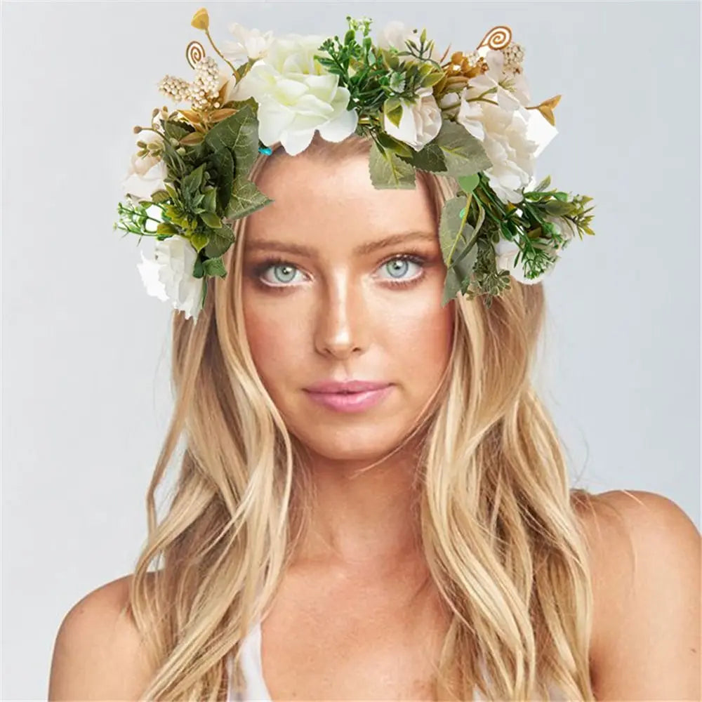 Flower Crown for Women Girls Flower Headband Green Leaf Headpiece Bohemian Festival Wedding Hair Wreath Photo Props Headwear