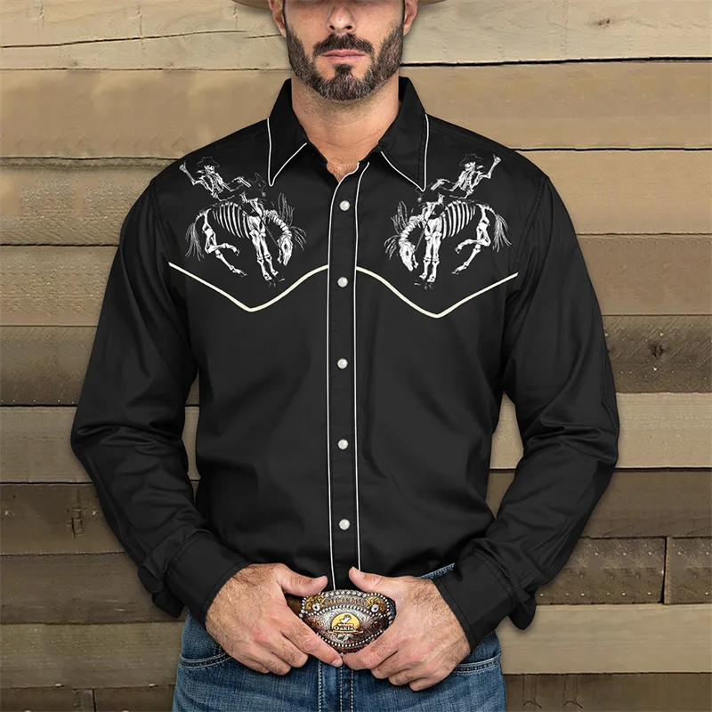 Chemise en jean western à manches longues pour homme 2024, fête décontractée en plein air, motif HD, t-shirt à revers boutonné doux et confortable