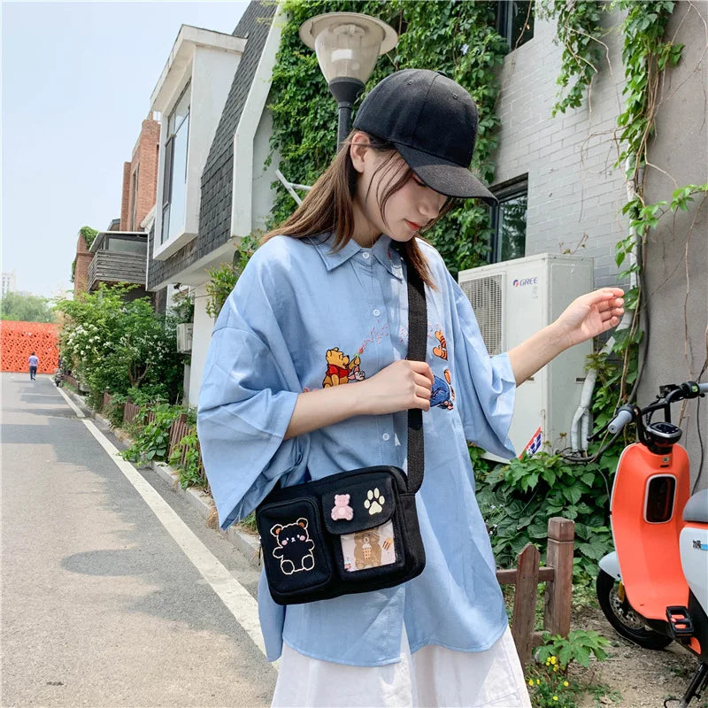 Canvas Small Bag Japanese ins Women Shoulder Bag Cute Funny Personality Embroidery Bear Girl Student Transparent Messenger Bag