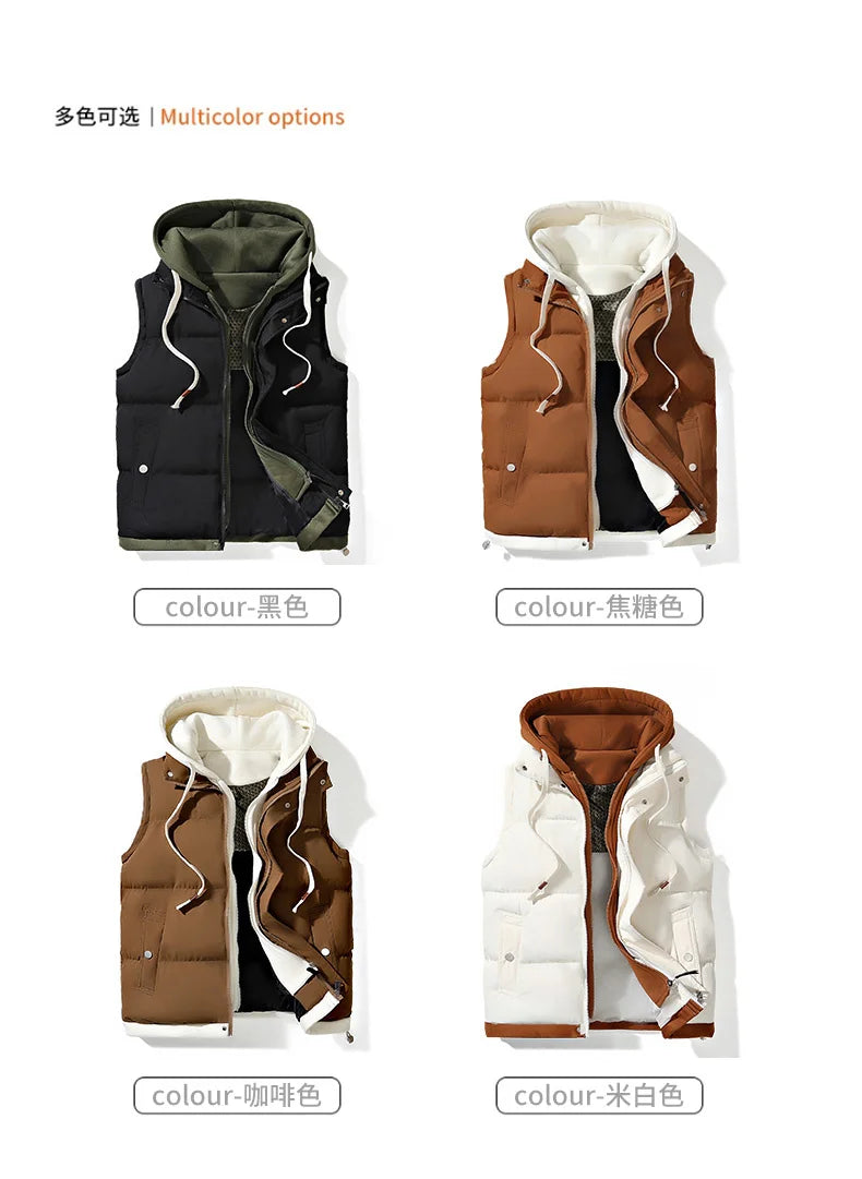 Korean Fashion Hooded Vest for Men Autumn Winter Casual Sleeveless Men Coats Windproof Sleeveless Men Cotton Jacket with Hood