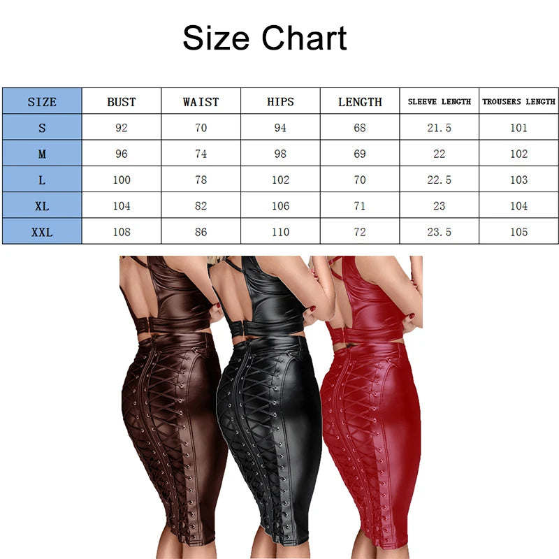 Women Leather Skirt Lace Up Zipper Pencil Skirt Steampunk Dress