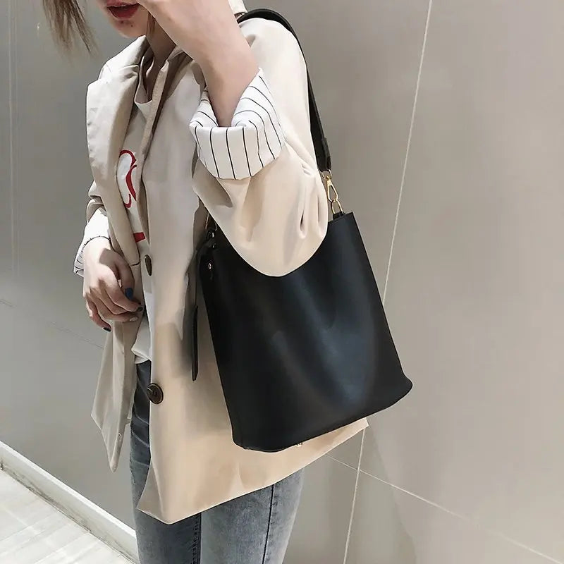 2piece/set Fashion Designer Pu Leather Women's Handbags Good Casual Ladies Tote Female Black Bucket Women Shoulder Crossbody Bag