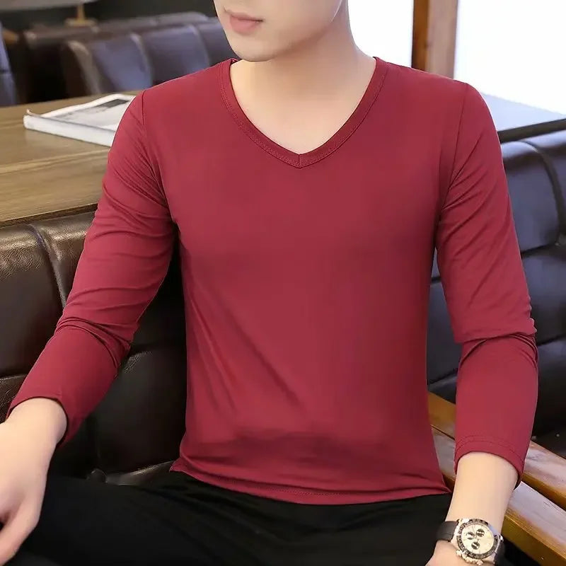 Men's Long Sleeve Black V-neck Base Layer T-shirt Solid Color Autumn Innerwear Thin Style Comfortable Men's Top