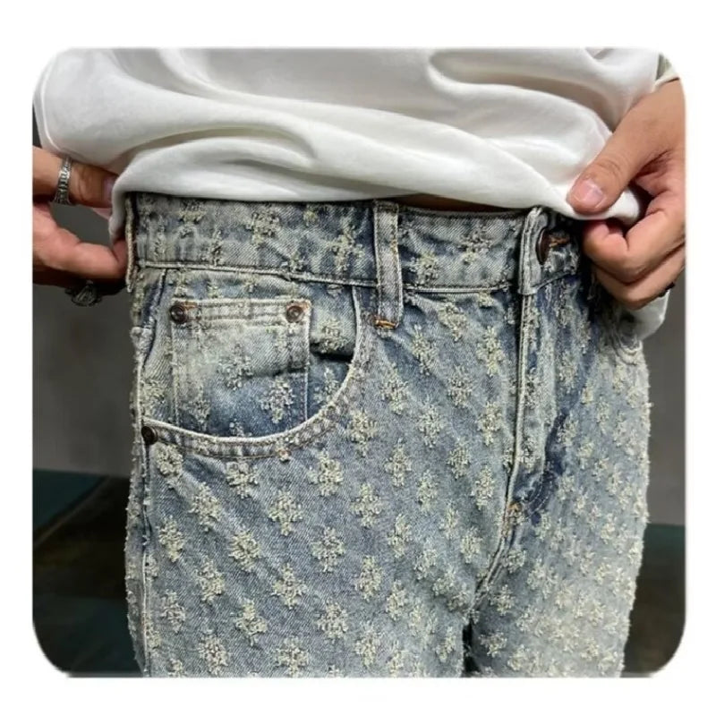 Jacquard All Over High Street Jeans Mens 2024 New Straight Lift Pattern Loose Wide Leg Jeans Casual Boyfriend Jeans Pants Tide