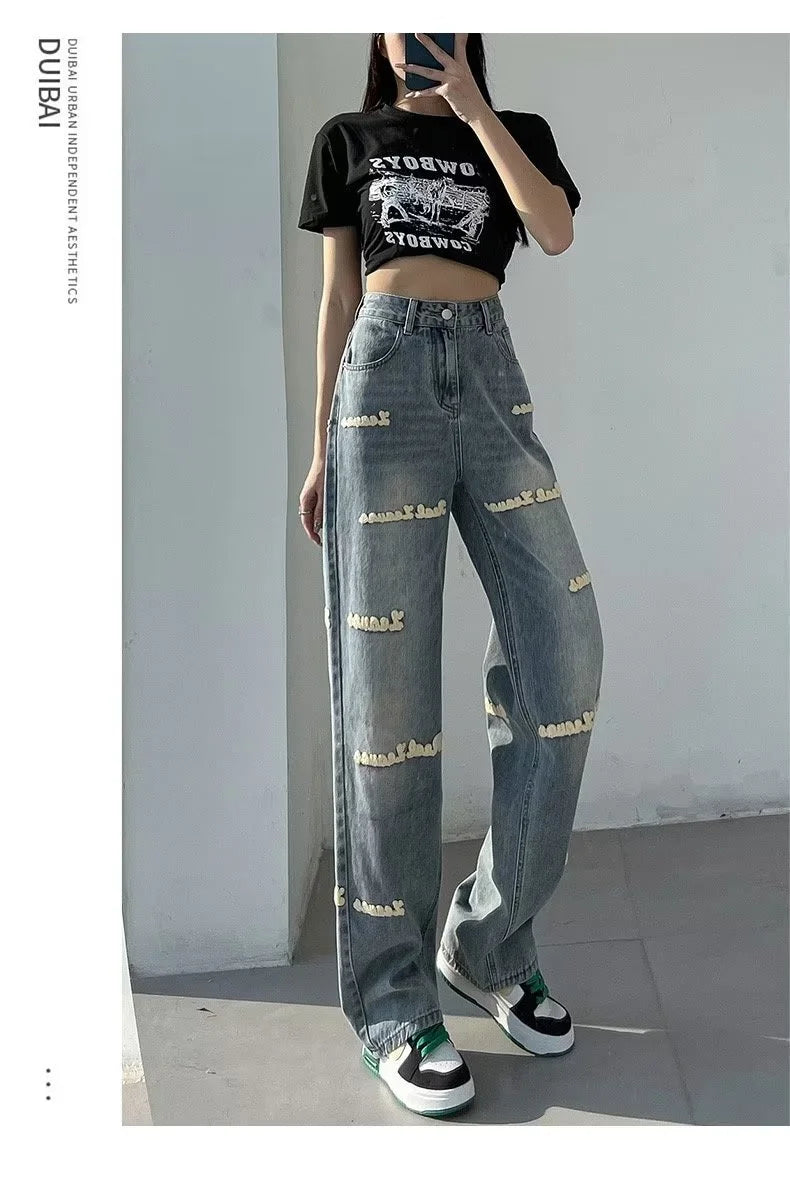 Loose Embroidered High-waist Women Jeans Spring Season Design Letter Straight Crotch Pants Slim Fit Dragging Long Pants