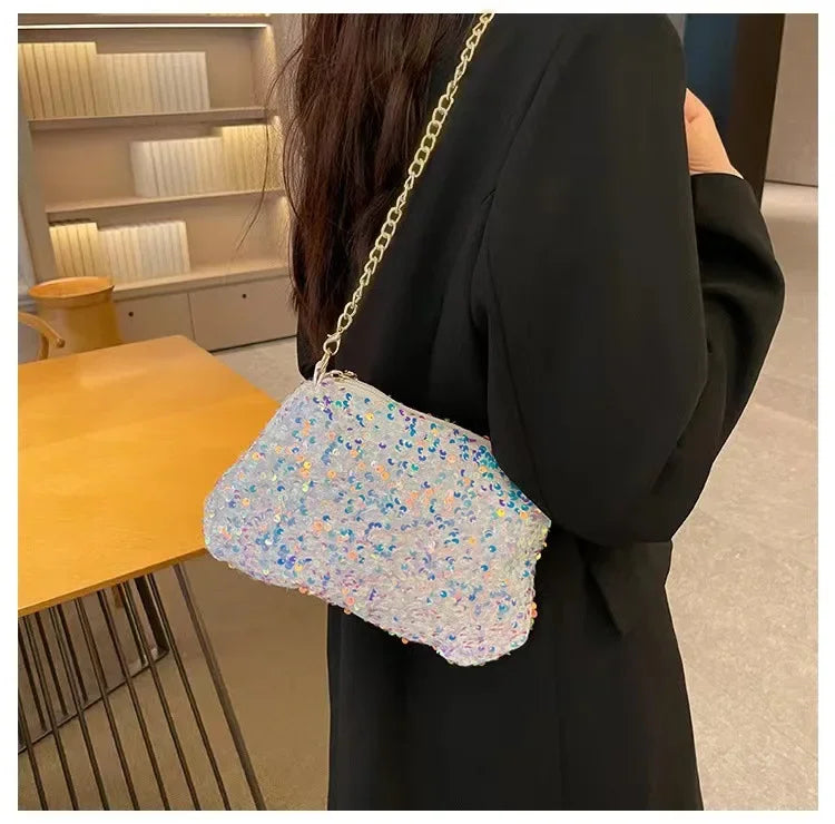 Sequins Crossbody Chain Bag Simple INS Solid Color Sequins Shoulder Bag Underarm Bag Phone Purse Evening Clutch Bags Handbag