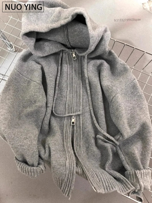 Gray Hooded Sweater Coat Women Spring Autumn Double Zipper Long Sleeve Loose Knitted Cardigans Simple All-matched Hoodies