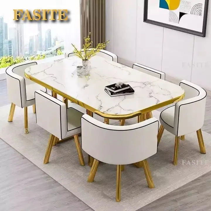 New 2024 Modern Marble Top White Classic Dining Table Living Room With 6 Chairs Set