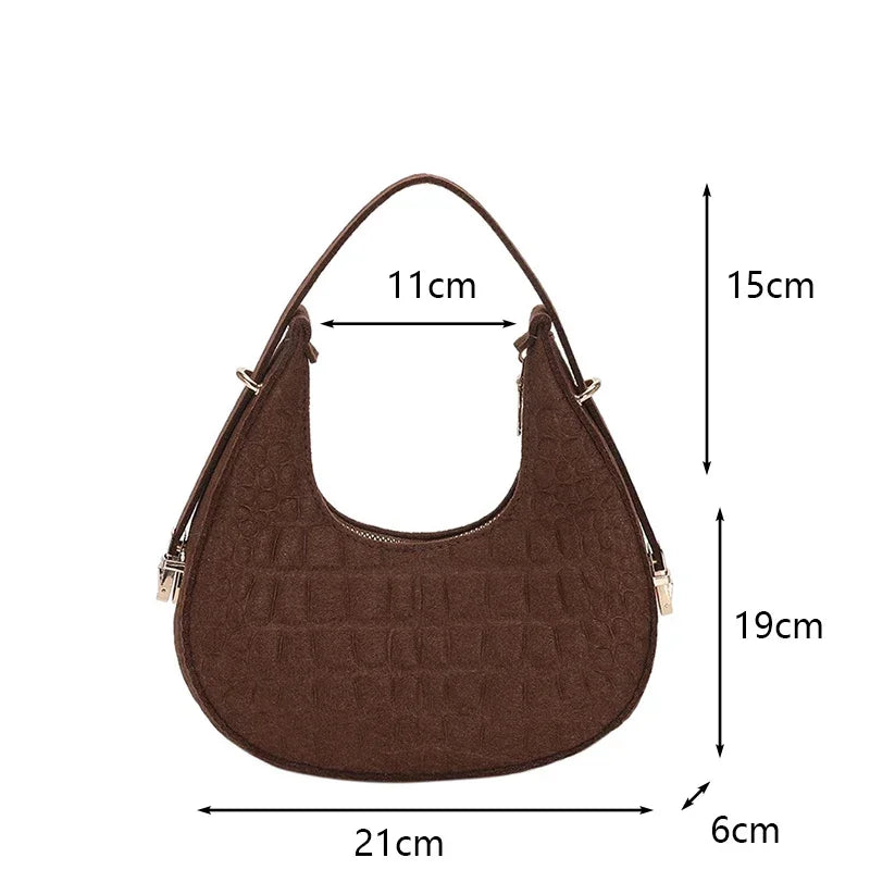 Fashion Vintage Handbags Women's Underarm Bag Korean Casual Solid Dumplings Bag Stone Pattern Felt Zipper Clutch Shoulder Bag