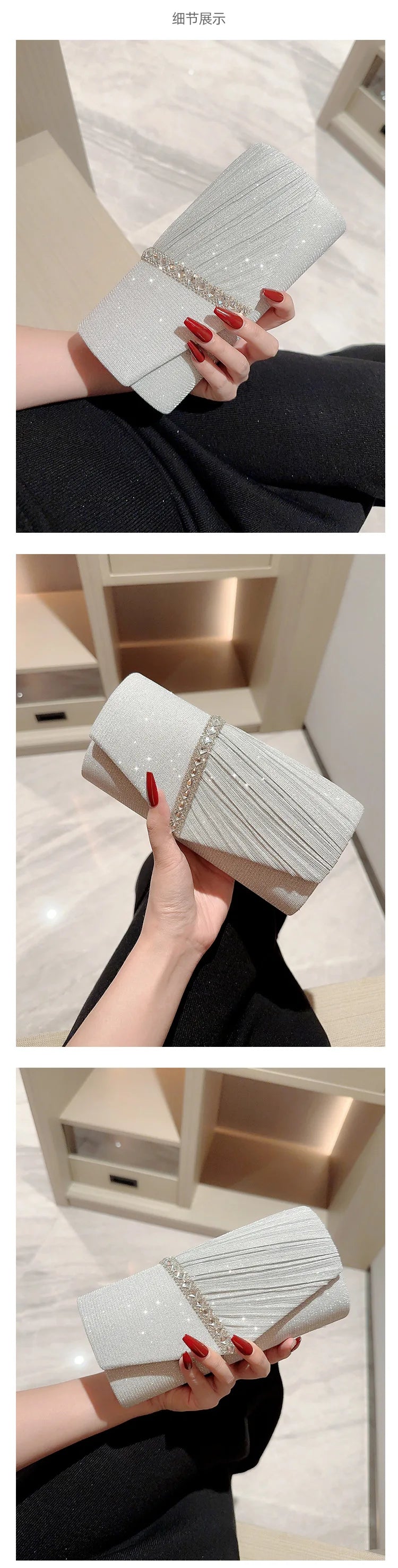 Ladies Glitter Silver Clutch Bag Envelope Evening Bag Fashion Elegant Long Purse Women Chain Shoulder Bags Wedding Party Handbag