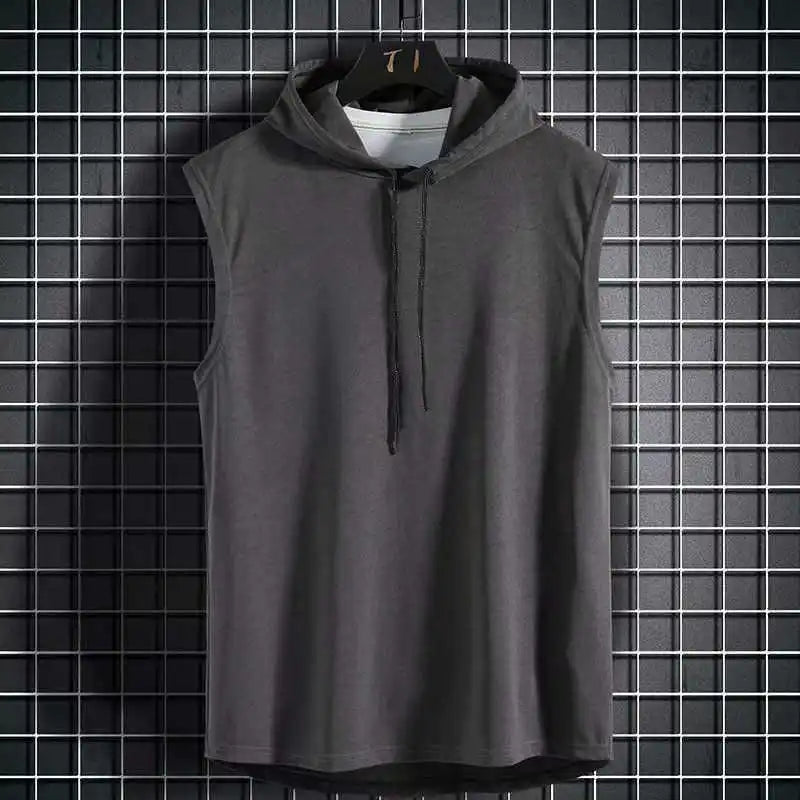 Men Tie Collar Hooded Sleeveless Vests Male Summer Loose Solid Hip Hop Tee Shirt Tops AYH-01