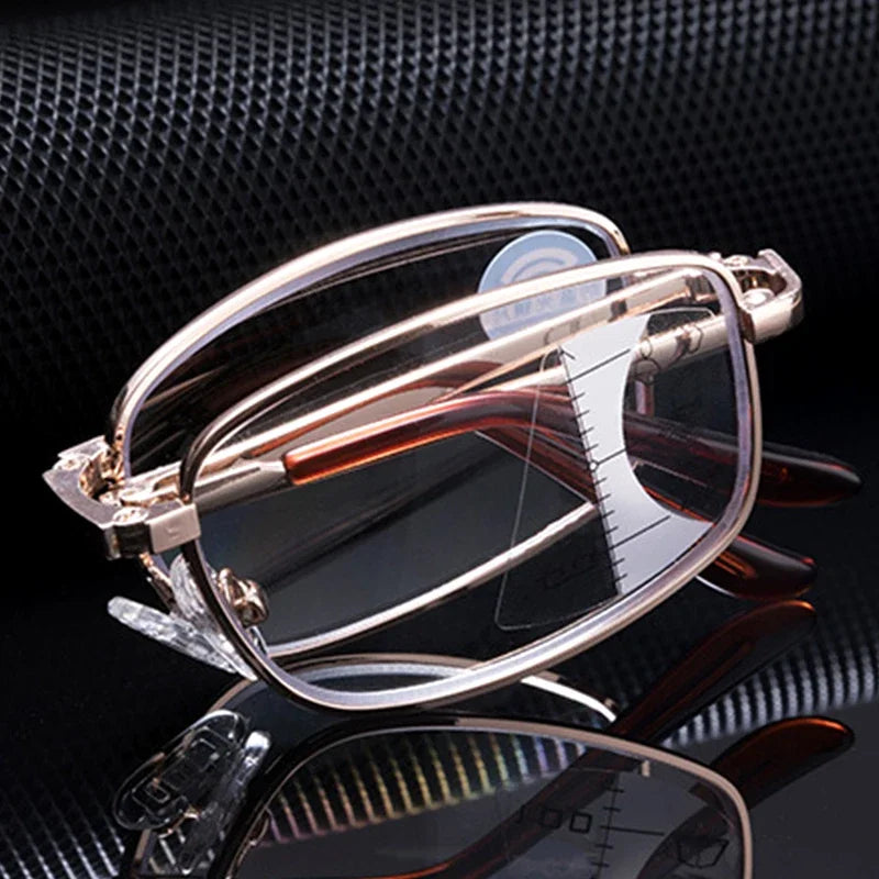 Folding Reading Glasses Portable Progressive Biofocal Eyewear Mens Parent Anti-Blue Ray Presbyopic Eyeglasses with Leather Case