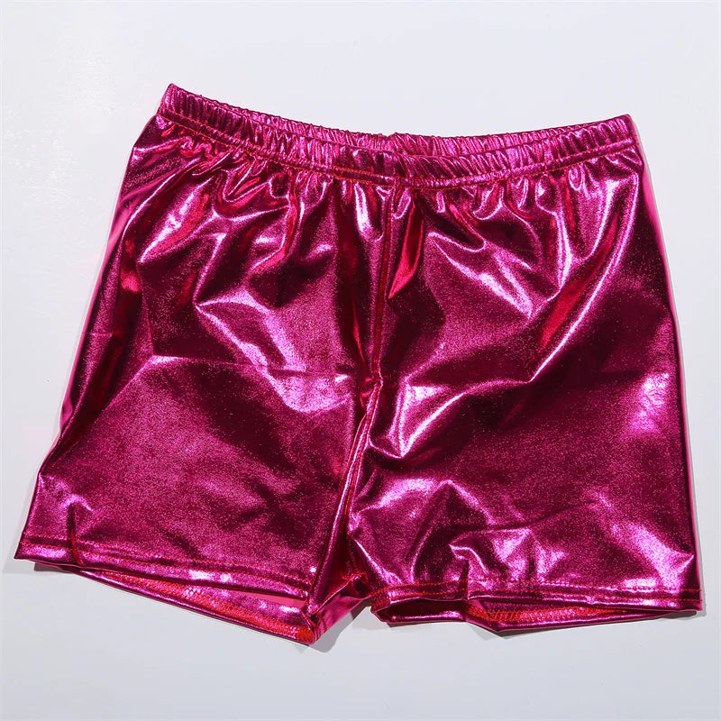 Women Silver Metallic Yoga Shorts Rave Booty Shorts Mid Waist Cheer Shorts PU Shiny Yoga Shorts Femme