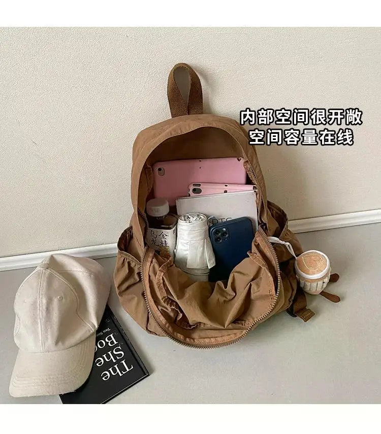 Casual Backpack Women Large Capacity Fashion Junior High School Student Pleat Schoolbag Cloth Bag Korean Travel Backpack